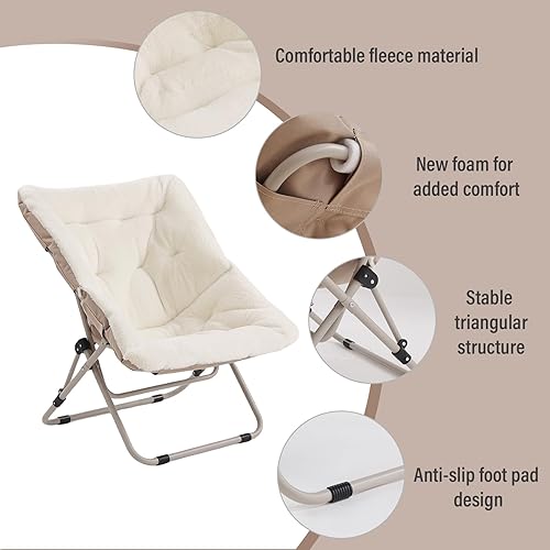 Miniatura 4 de Tiita Silla de platillo, silla plegable de gran tamaño de piel sintética suave, silla de descanso peluda suave, silla de luna con marco de metal