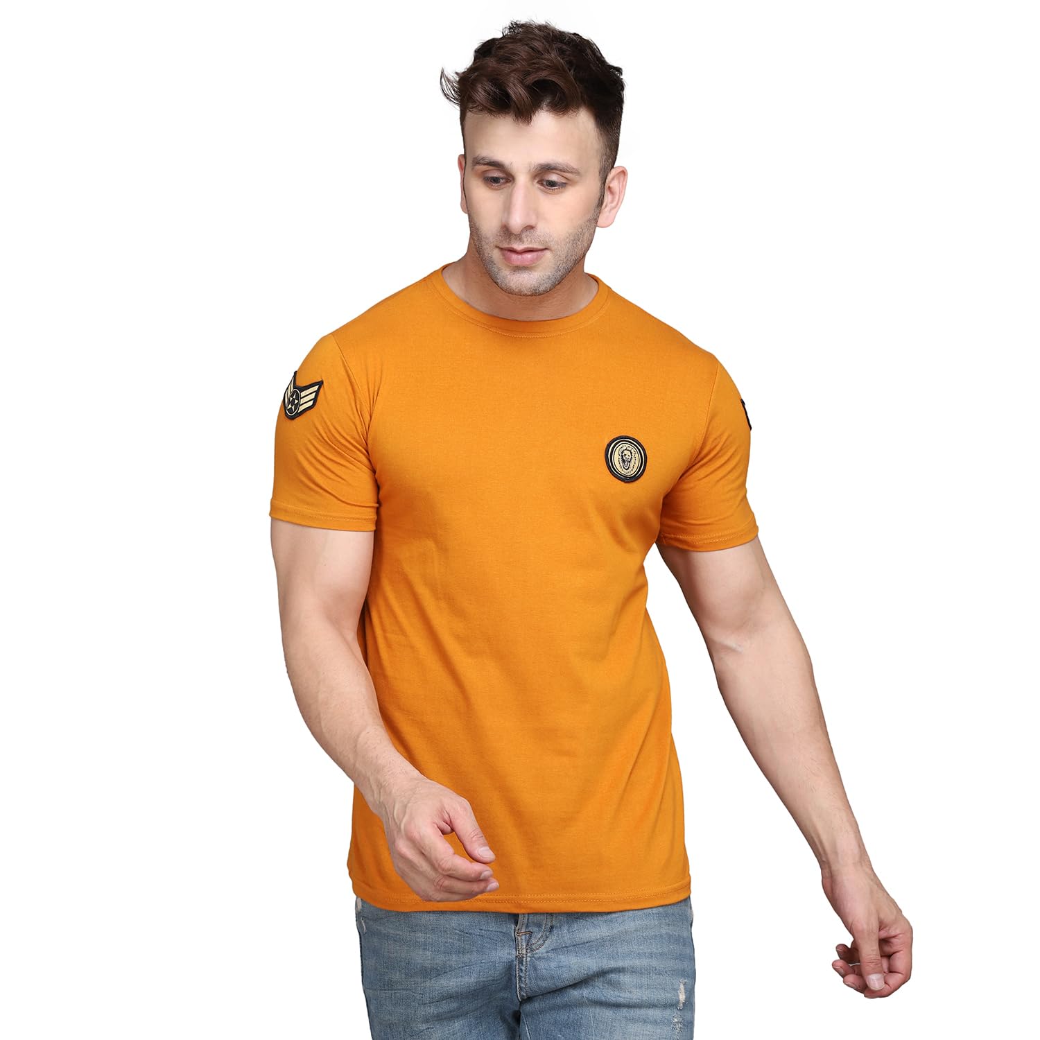 Men’s Patch Design T-Shirt – Cotton Crew Neck Short Sleeve Slim Fit Casual Tee with Chest & Arm Badges