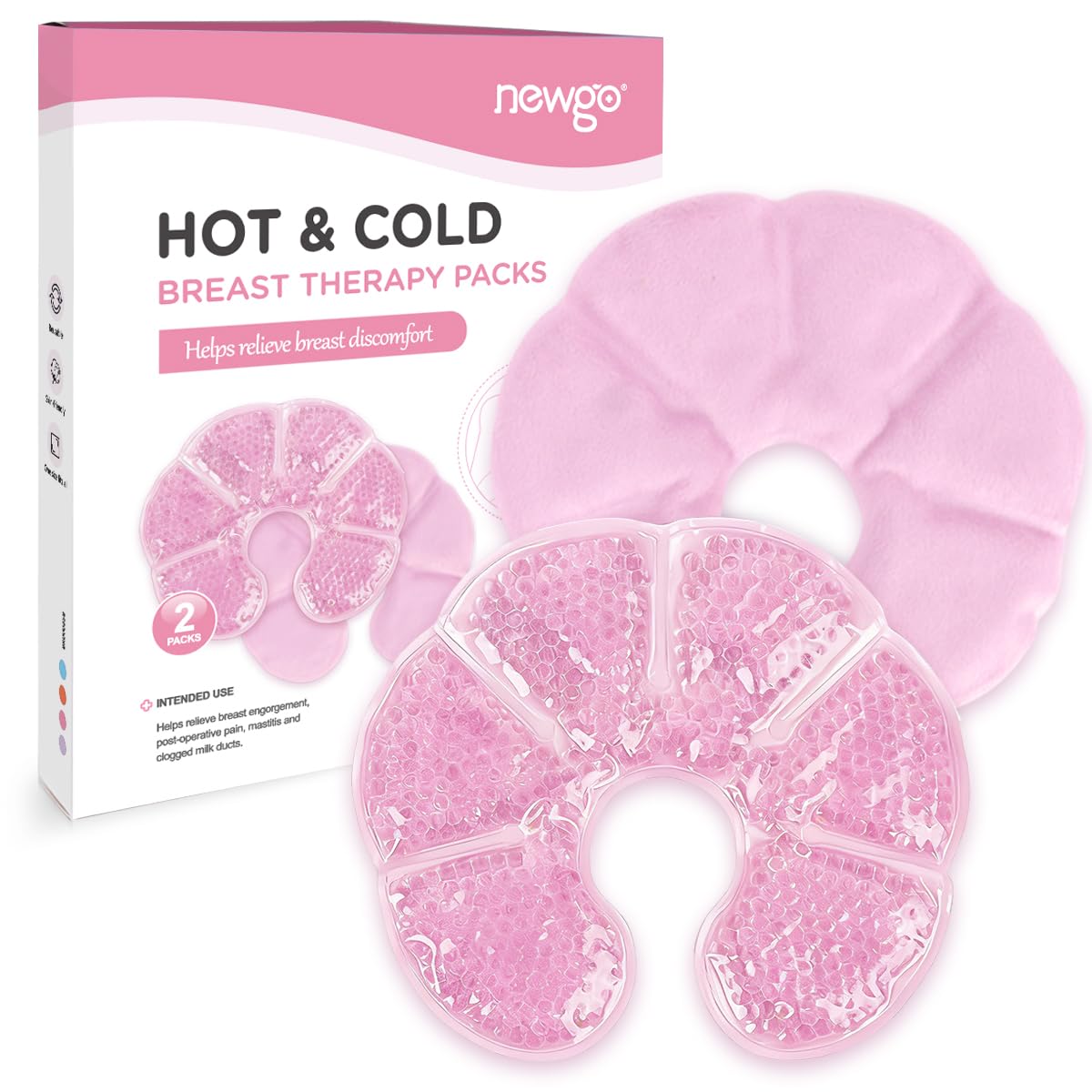 NEWGO 3-in-1 Kühlpads Brust Stillen, 2 Stück Kühlpads für die Brust, Weicher Stoff Zurück Fleece(Rosa) 20cm X 17cm