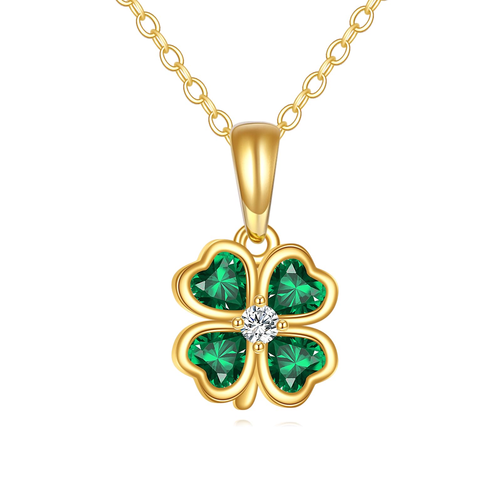 ELFRONT 14k Solid Gold Clover Necklace Lucky Four Leaf Pendant Necklaces for Women，Real Gold Green Gemstone Clover Jewelry Gifts for Lover