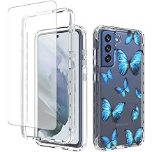 for Galaxy S21 FE 5G Case, Samsung S21 FE G990B Case with Tempered-Glass Screen Protector, Cute Clear Floral Pattern Full Body Protective Cover Cases for Samsung Galaxy S21 FE Blue butterfly