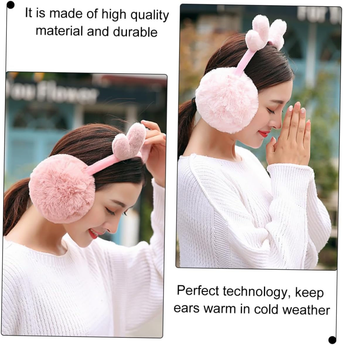 Reindeer Antlers Plush Ear Muffs Winter Ear Covers for Women Adjustable Pink Warm Earmuffs Headband Cold Weather Accessories