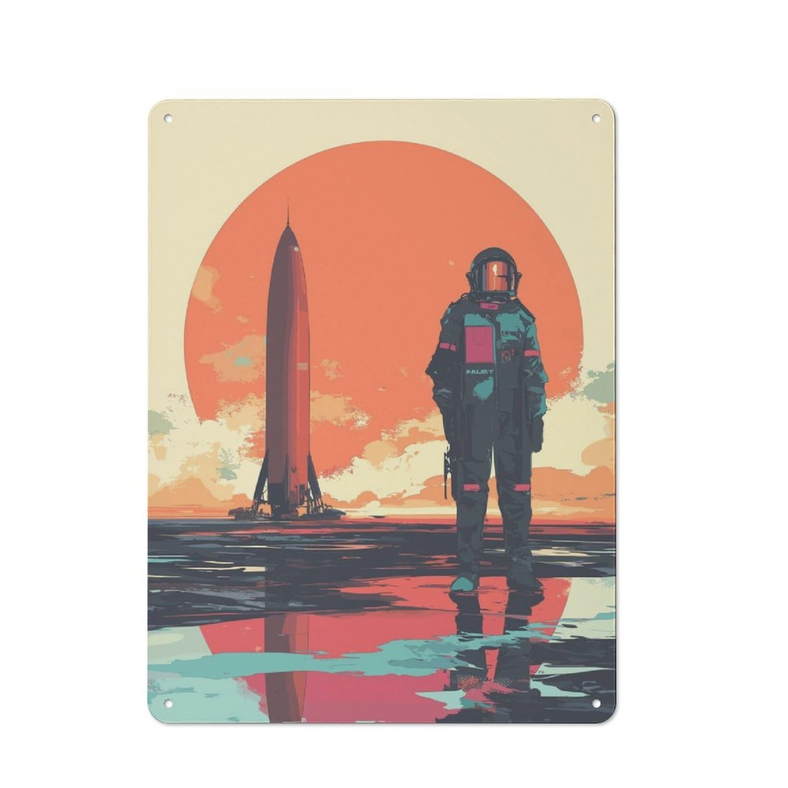 Junmoney Rocket And Astronaut Retro Metal Wall Sign 40X30cm For Guest Room Or Hallway, New-Space Wall Decor For Home Decor Collectors