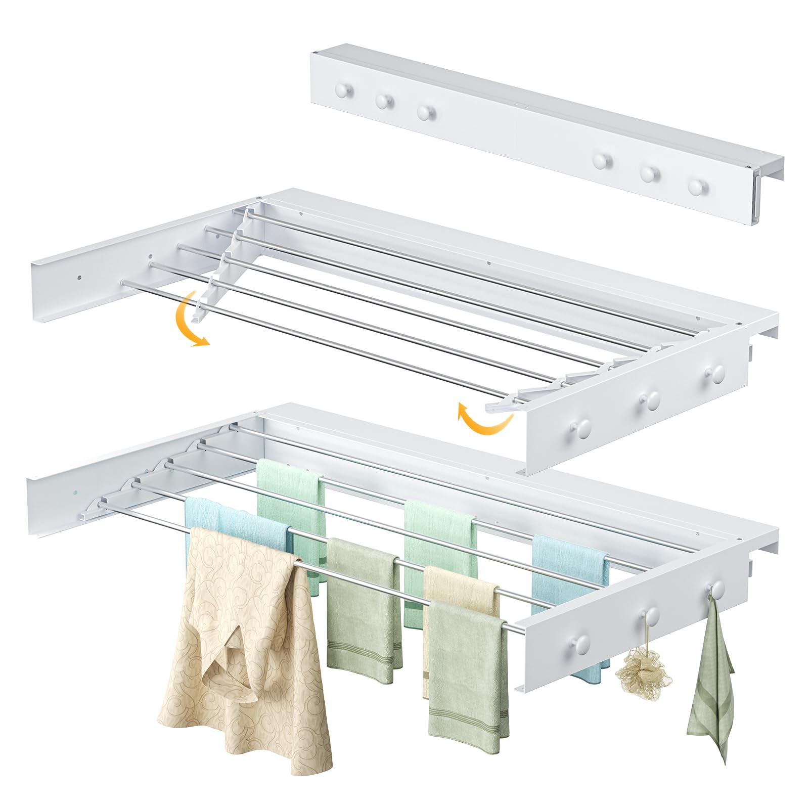 Tendedero de Pared, Tendedero Retráctil con 6 Ganchos Laterales, 5 Varillas de Aluminio, Fácil Instalación, Secador de Ropa Ahorra Espacio para Toallas, Ropa (Blanco, 100CM)