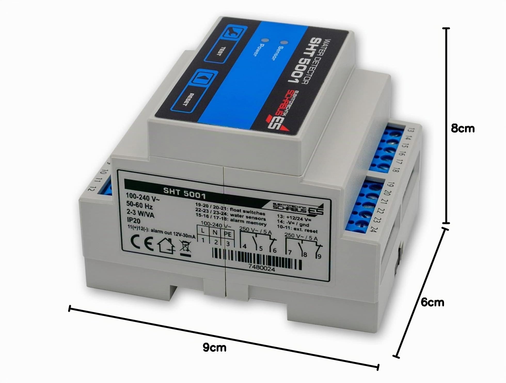 Schabus Wassermelder SHT 5001 DIN-Schiene, 2 Relais-Ausgänge | 2 Meldelinien, 12-24V DC, Professioneller Wasseralarm, Made in Germany