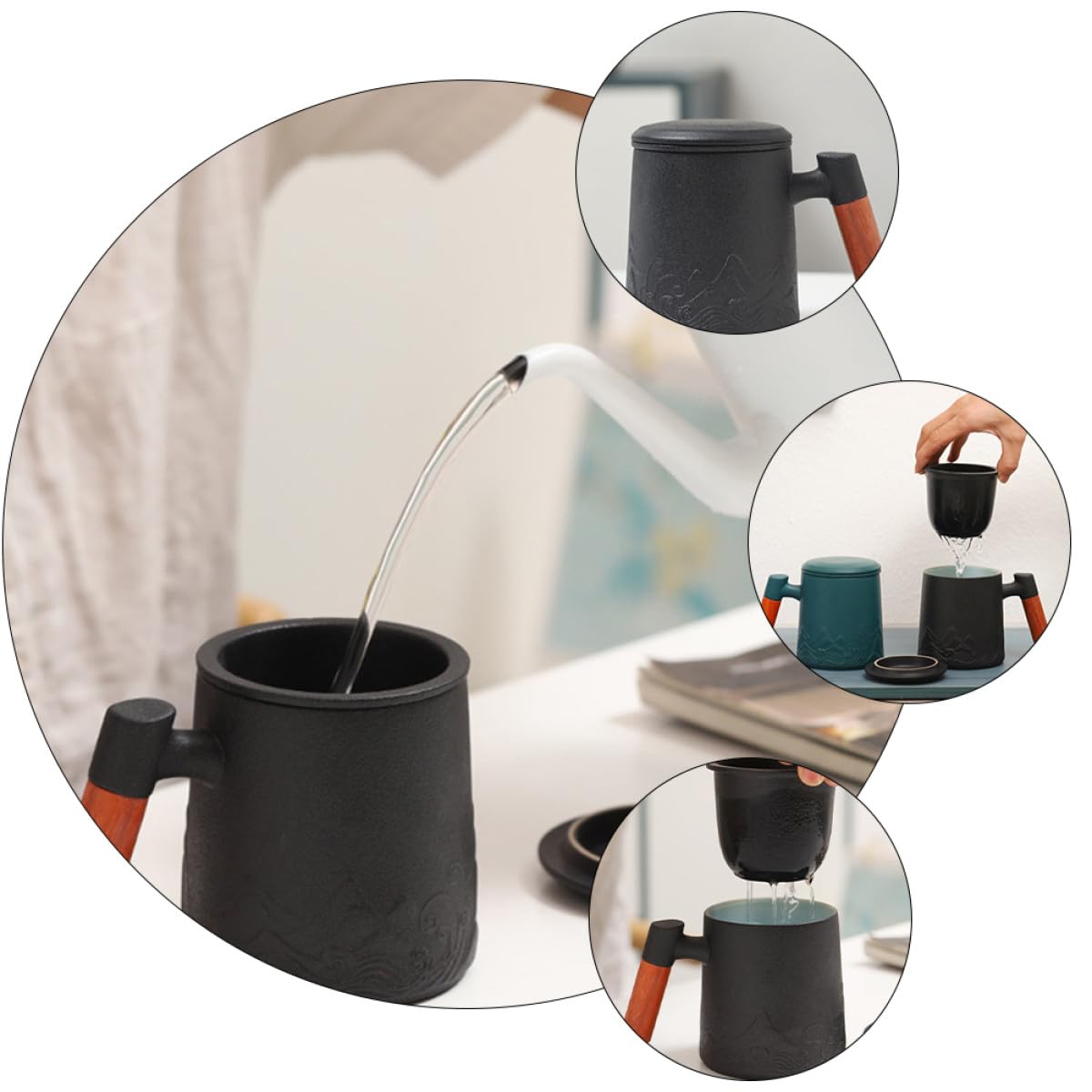 Mug en Céramique 400 Ml avec Anse en Bois et Couvercle, Tasse à Thé avec Infuseur Intégré, Mug à Café Lait pour Bureau et Maison, pour Infusion et Boissons Chaudes