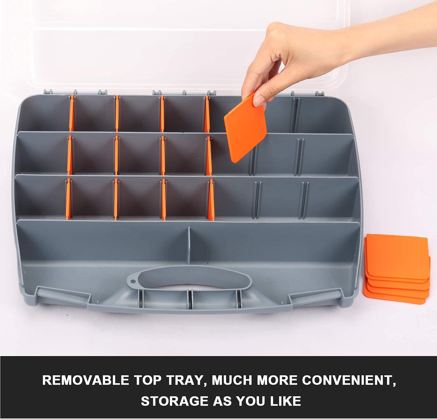 Makitoyo Hardware Storage Box Tools Organizer Container with Handle and Clear Lid, 21 Adjustable Compartments and 2 Fixed Sections,Perfect for Screws,Nuts, Bolts and Small Parts,15"L x 12.9"W x 2.9"H