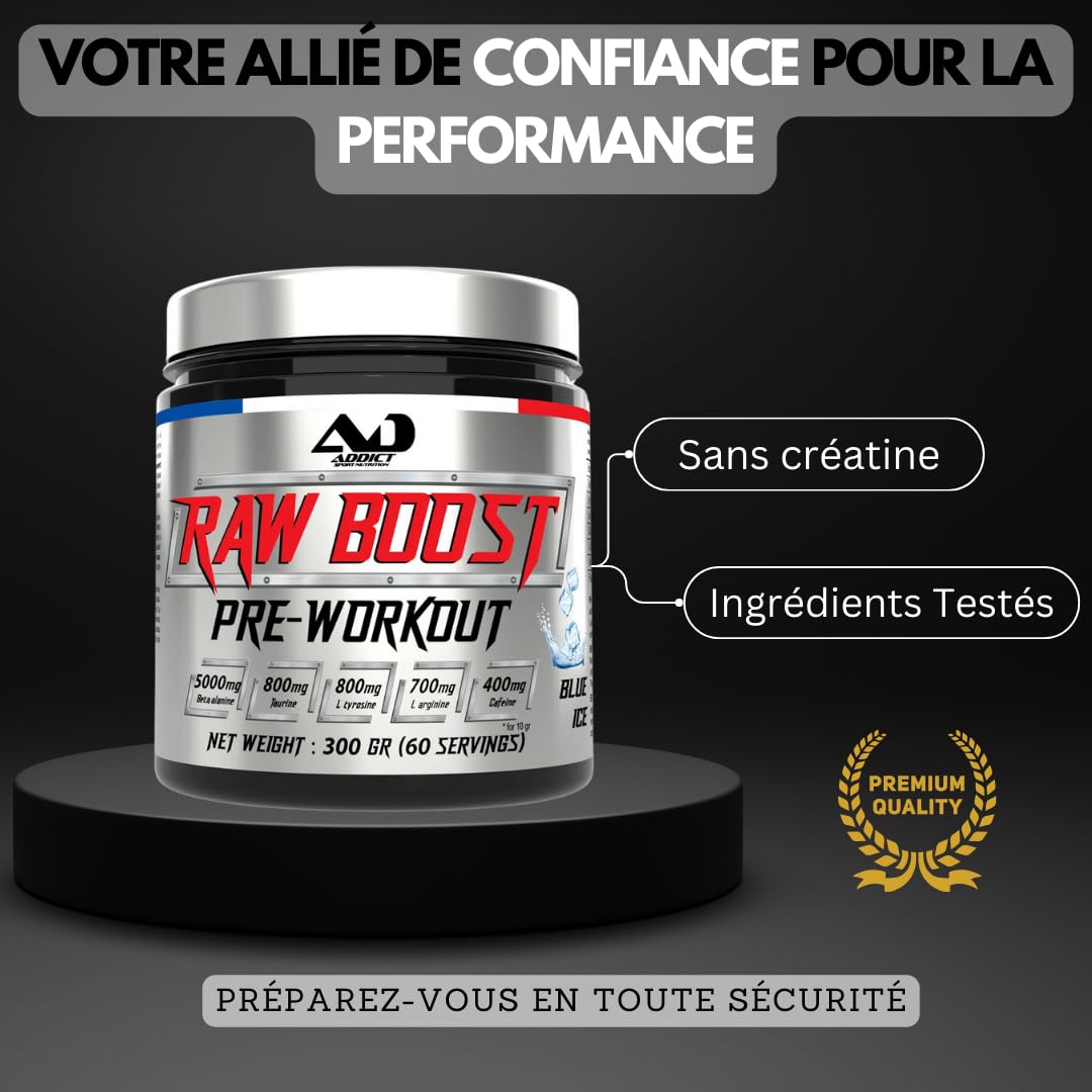 Addict sport nutrition - Pre workout raw boost 300g - Booster de pré-entraînement avec Bêta-Alanine, Taurine, L-Tyrosine, Caféine 200mg - Énergie pour l'entrainement (300 Gr, Framboise - citron)