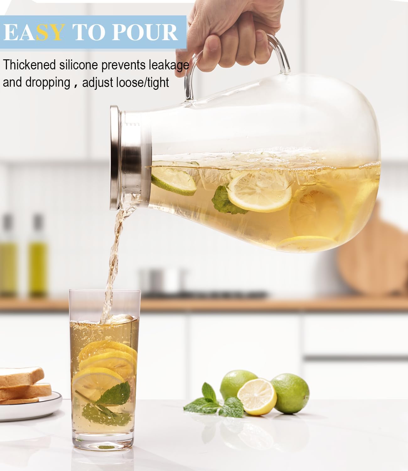 LUNA & MANTHA Glass Pitcher with Lid, 86oz Glass Water Pitcher, Large Hot Cold Water Jug, Borosilicate Drink Jug for Iced Tea, Sangria and Coffee Beverage Carafe with 2 Silicone Rings - Image 3