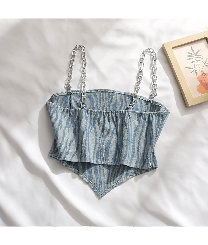 Canotta da donna in denim, corsetto streetwear, bustier, jeans, crop top, reggiseno, canotta push-up con catena metallica (motivo Zibra - L), Blu, L