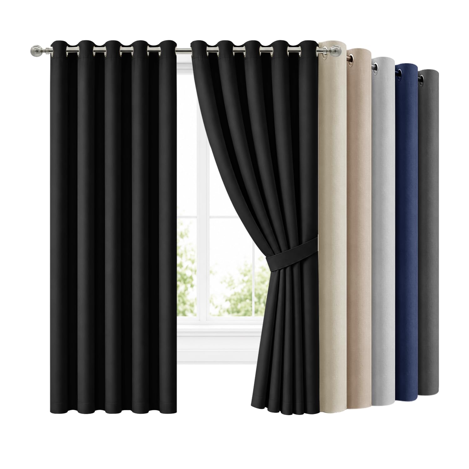 Hafaa Blackout Curtains for Bedroom Black 66x90 Inch Ring Top Black Out Curtains for Living Room Thermal Insulated Energy Savig Curtain and Drapes 2 Panels with Tiebacks