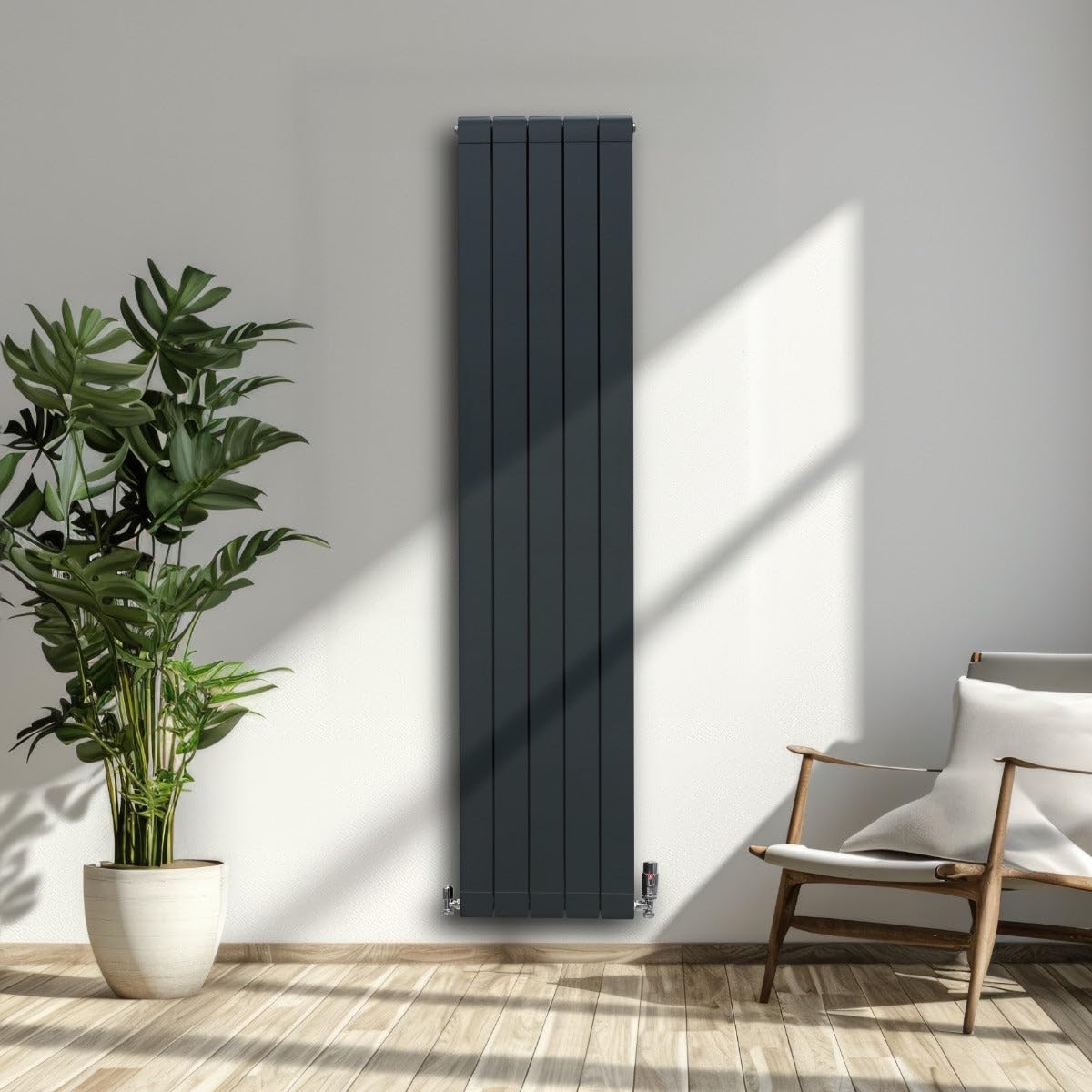 Radiatore di Design in Alluminio 1800mm x 395mm e Valvole Cromate TRV Verticale Doppio Pannello Piatto A Colonna Termosifone Moderno Leggero Grigio Antracite Spazzola Kit di Fissaggio Staffe Inclusi