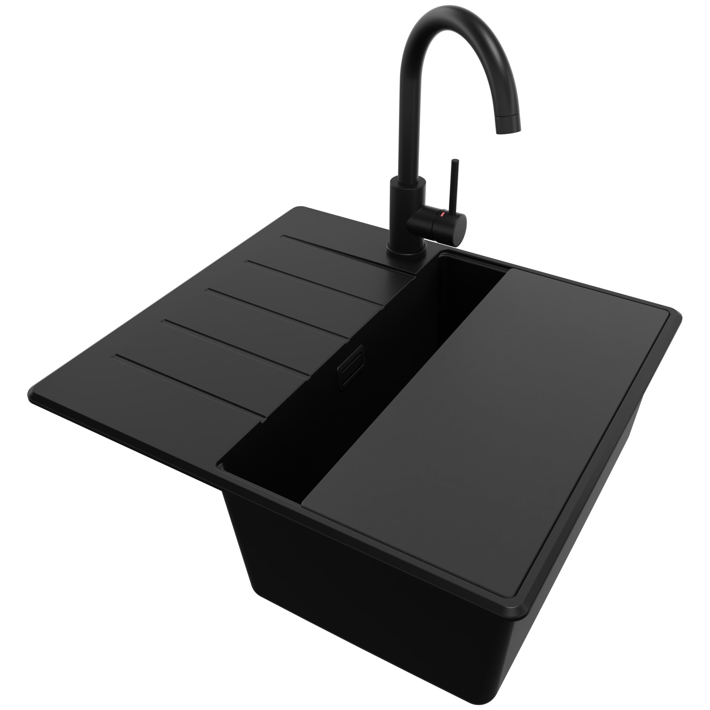 PRIMAGRAN Fregadero Granito Todo Negro - Copenhague Top, 55x50cm | Cocina 1 Seno + Grifo 32x20cm + Set de accesorios, sobre Encimera al Mueble 40cm (S092)