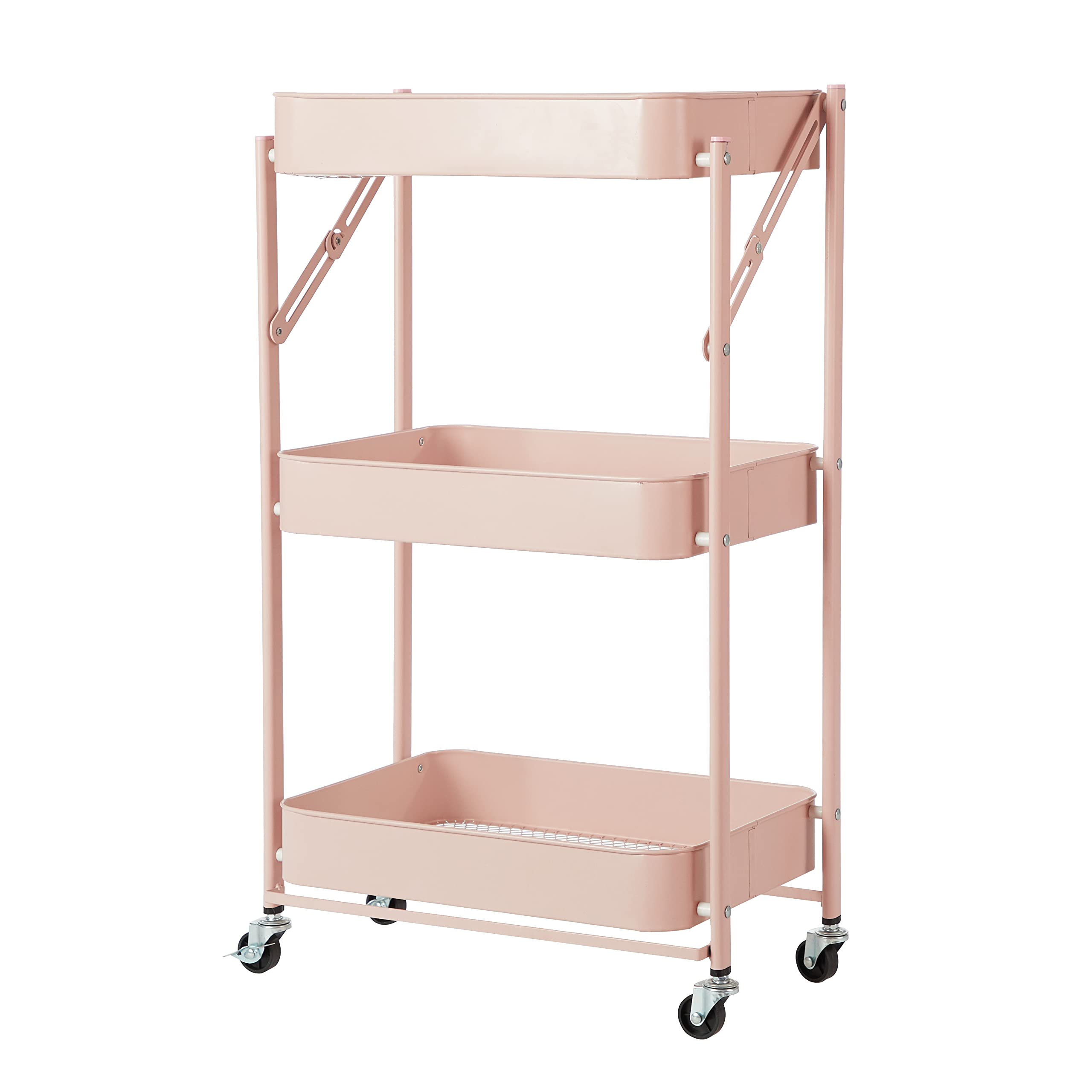 Urban Lifestyle 3 Tier Foldable Metal Rolling Storage Utility Cart, No Tools Assembly, Blush