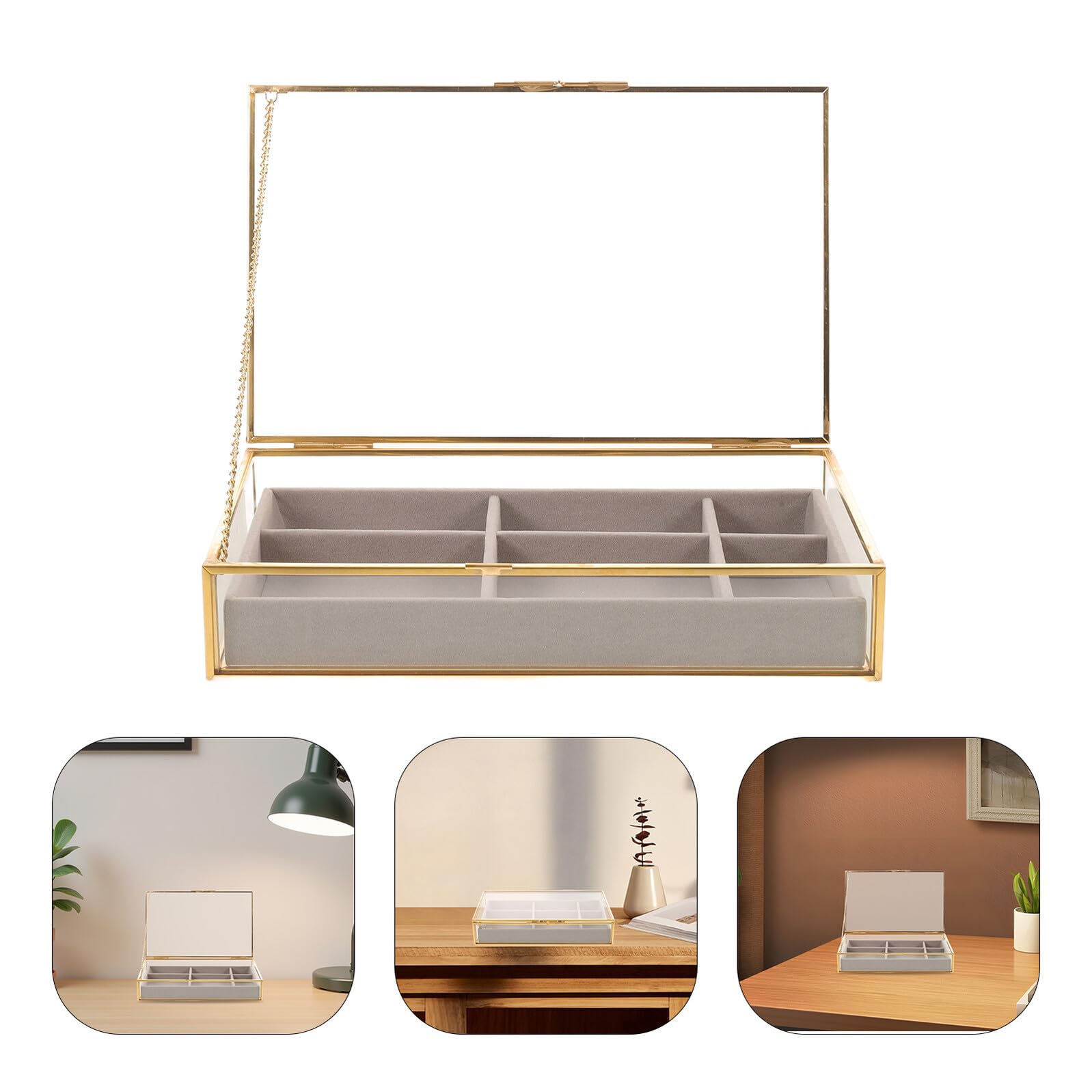 Organizer per Gioielli in Vetro Trasparente con 6 Scomparti, Scatola Porta Gioielli in Velluto e Rame, Salvaspazio e Facile da Pulire per Casa e Viaggio