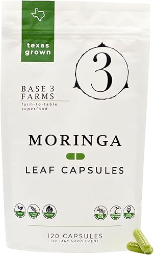 Base 3 Farms, 120 cápsulas orgánicas de hoja de moringa  100% fabricadas en Estados Unidos, sin pesticidas, sin OMG, cápsulas veganas, crudas, sin