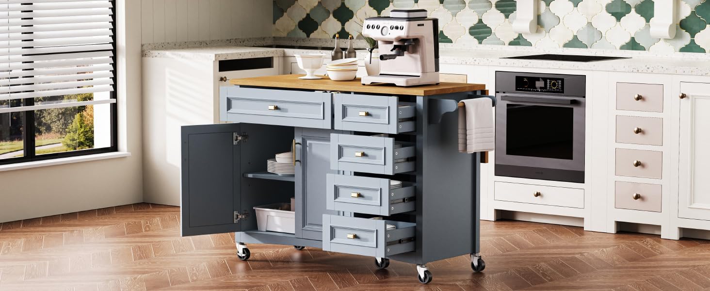 52-Inch Kitchen Island with Drop Leaf, Embossed Texture, Spice and Towel Rack, 2 Doors, 5 Drawers, Adjustable Shelf, MDF and Oak Veneer Mobile Cart on Wheels in Blue Grey