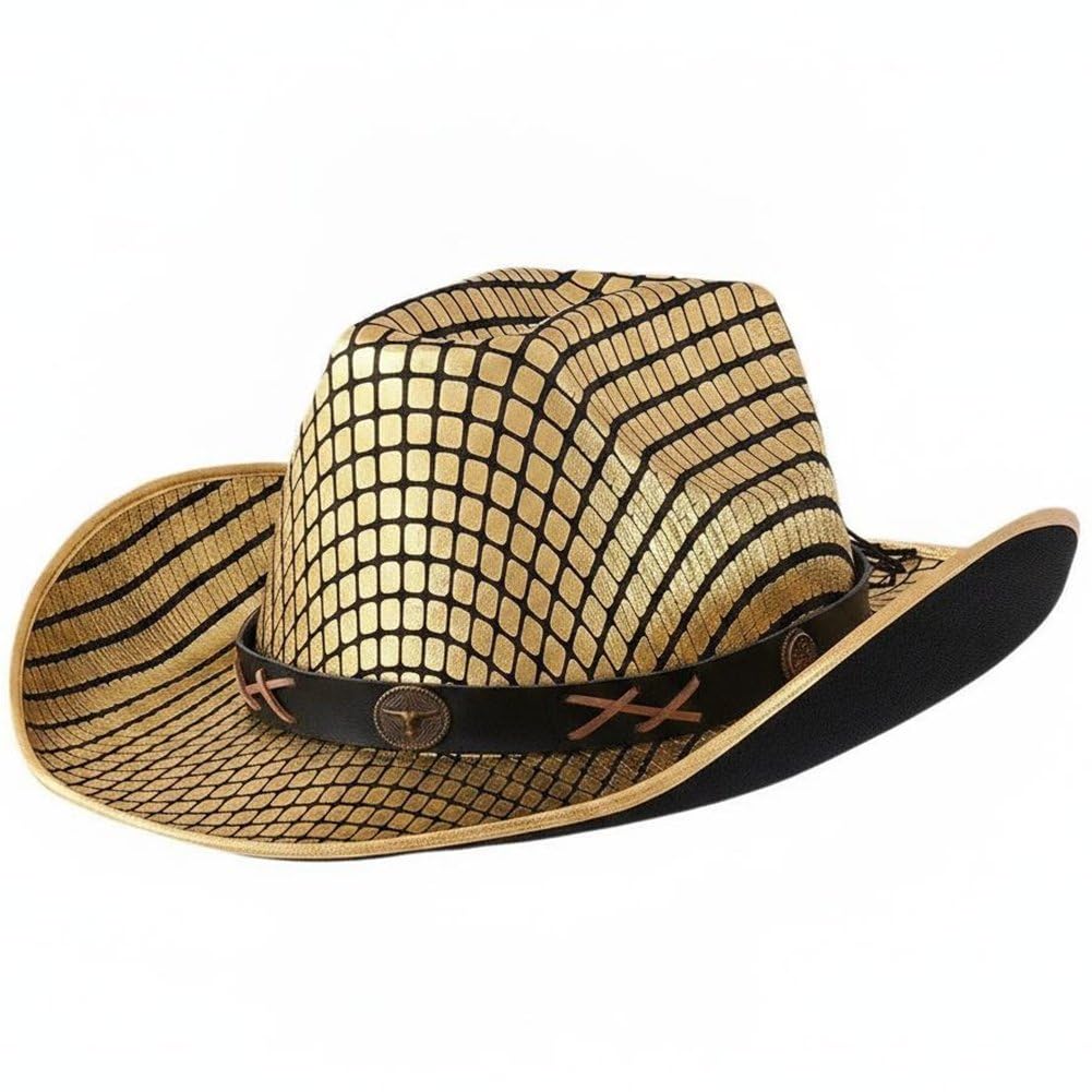 Sslvya Vintage Plaid Cowboy Hat with Bull Head Leather Belt Unisex Western Cowgirl Cap Party Jazz Hat for Party