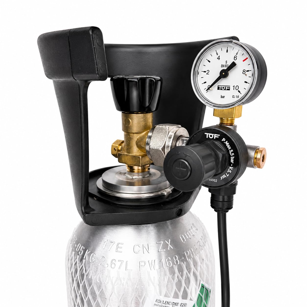 Riduttore di pressione CO2 per bottiglie riutilizzabili fino a 5,5 bar, UE con attacco W21,8 x 1/14" + connettore tubo 6 connettori per impianti di irrigazione, adatto anche per uso acquario
