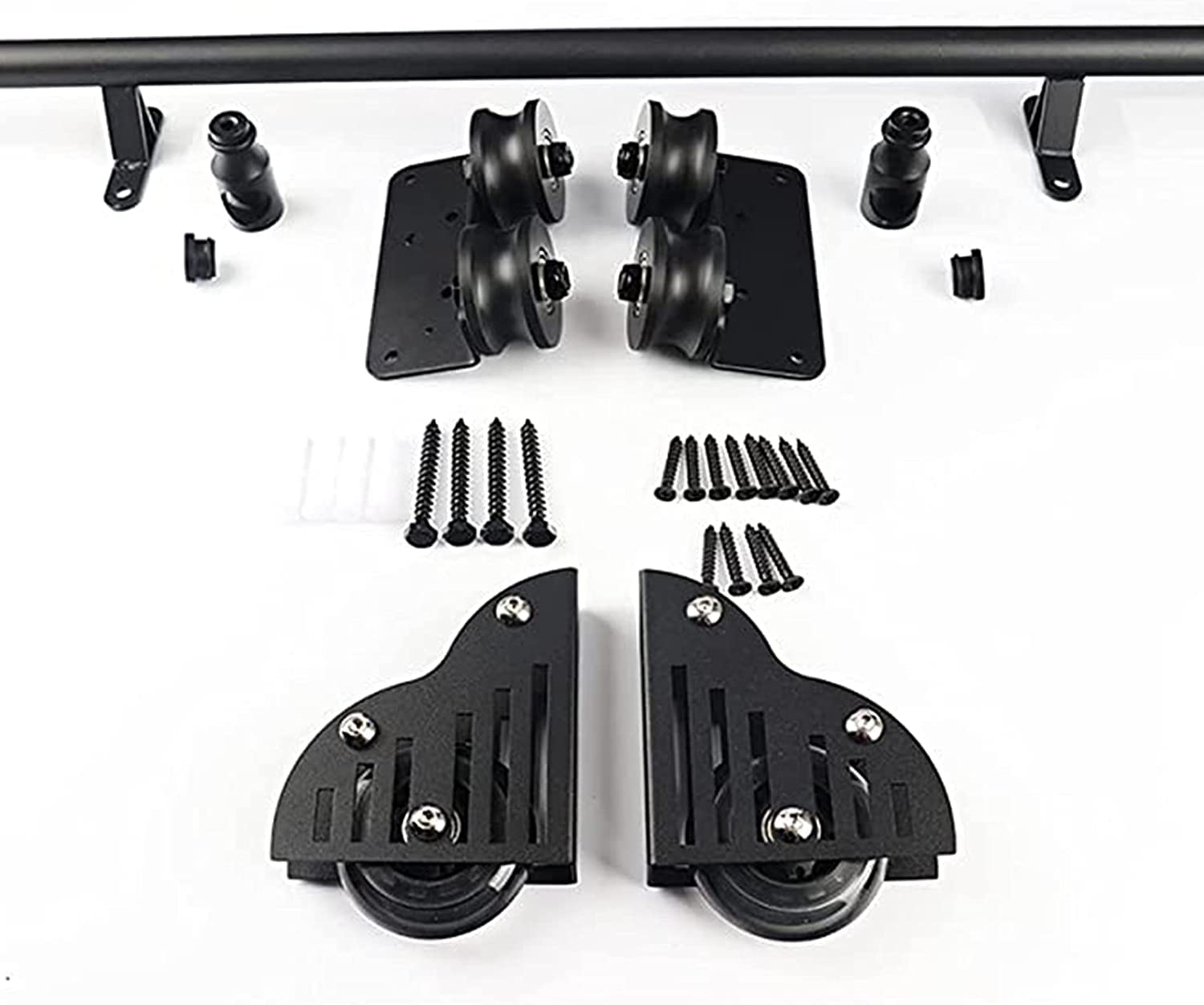 Kit porte de grange coulissante pour corriger les faux aplombs avec rail suspendu à roulettes