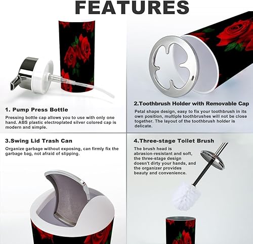 Miniatura 4 de Juego de accesorios de baño, 6 piezas, hermoso patrón de rosas rojas, soporte para cepillos de dientes, vaso para cepillos de dientes, dispensador