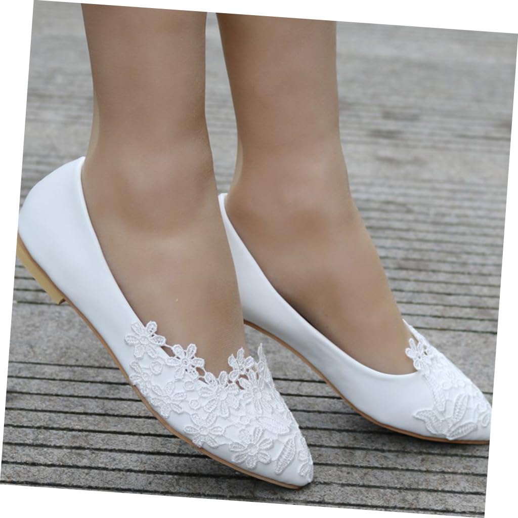 COLLBATH Hochzeitsschuhe Ballerinas Aus Spitze Kleid Braut- Frau Schuhe Elegante Flache Flache Damen Bestiegen Hochzeit Spitzen Damen Sohle: Gummi Weiß