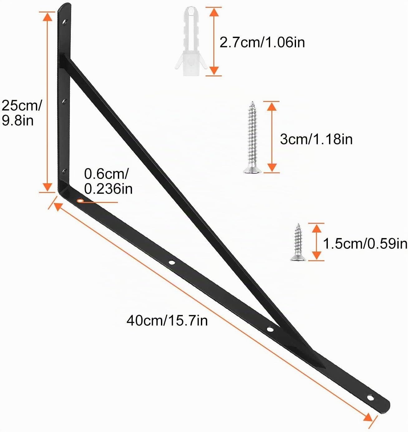 AHUNTTER Lot de 6 équerres d'étagère 400 mm en métal, équerres d'étagère murales à angle droit – Noir