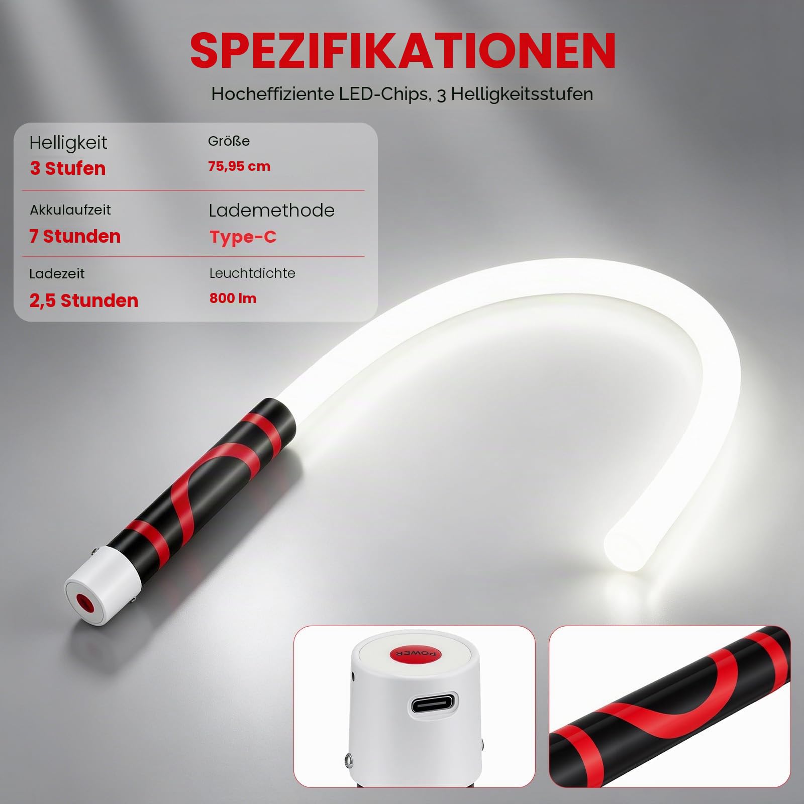 Biegsame LED Arbeitsleuchte Magnetische Taschenlampe,76cm Flexibler Stab mit 360° Knickbar, Werkstatt, Camping& Notlicht–USB-C Schnellladung Akku LED Lampe,2 Stück + Handschuhe