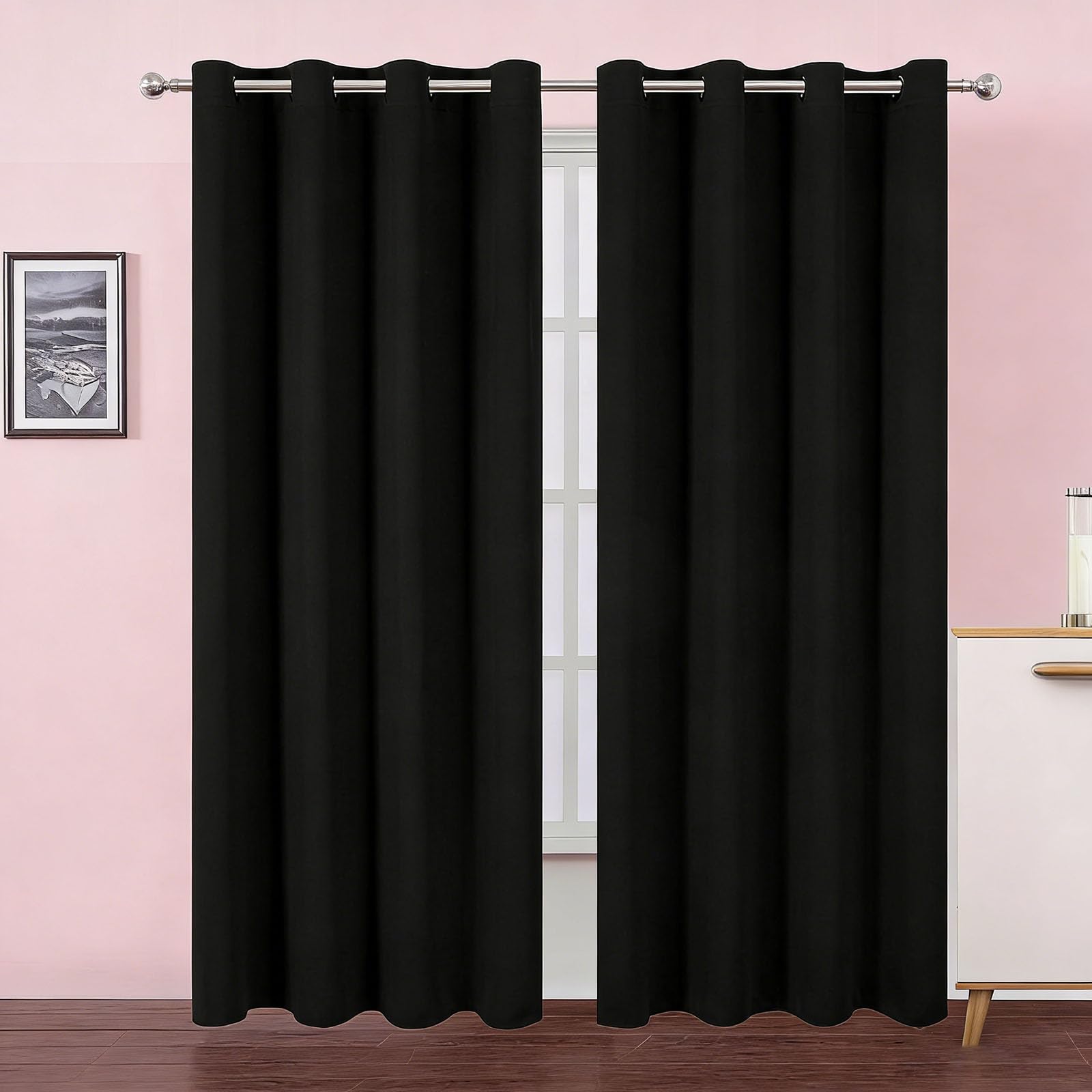 Vorhänge Blickdicht 160 x 160 cm mit Ösen Verdunkelung Wohnzimmer Einfache Montage in Nur 1 Minute Ohne Bohren für Wohnzimmer Schlafzimmer Ösenvorhänge, Schwarz