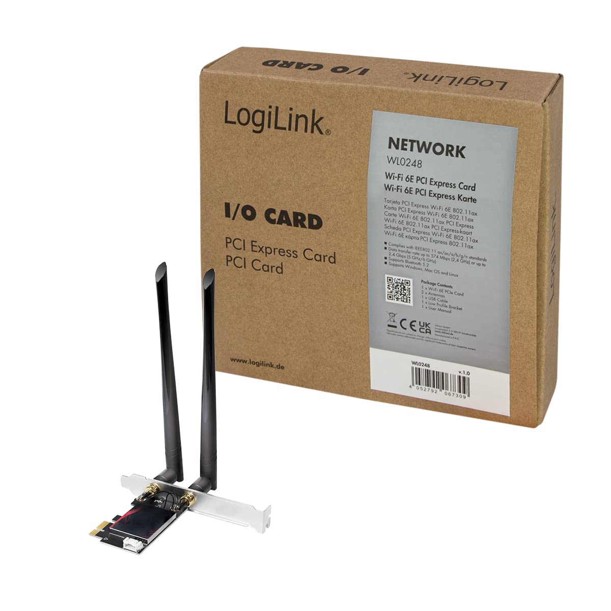 LogiLink WL0248 Carte PCI Express dernière génération avec Wi-FI (5 GHz/6 GHz/2,4 GHz) et Bluetooth (Version 5.2)