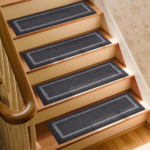 COSY HOMEER Carpet Stair Treads 15pcs Set, Non-Slip Indoor Carpet Treads for Stairs for Kids Elders and Dogs, 100% Polyester Quick Peel Self-adhesive Stair Runner Rug Pads, 22 x 70cm, Black