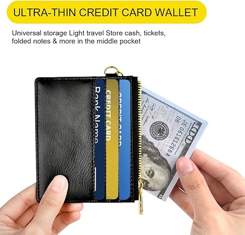 Miniatura 5 de Cartera para tarjetas de crédito, cartera minimalista de cuero delgado con cremallera, mini protector de tarjeta de crédito, llavero bolsillo