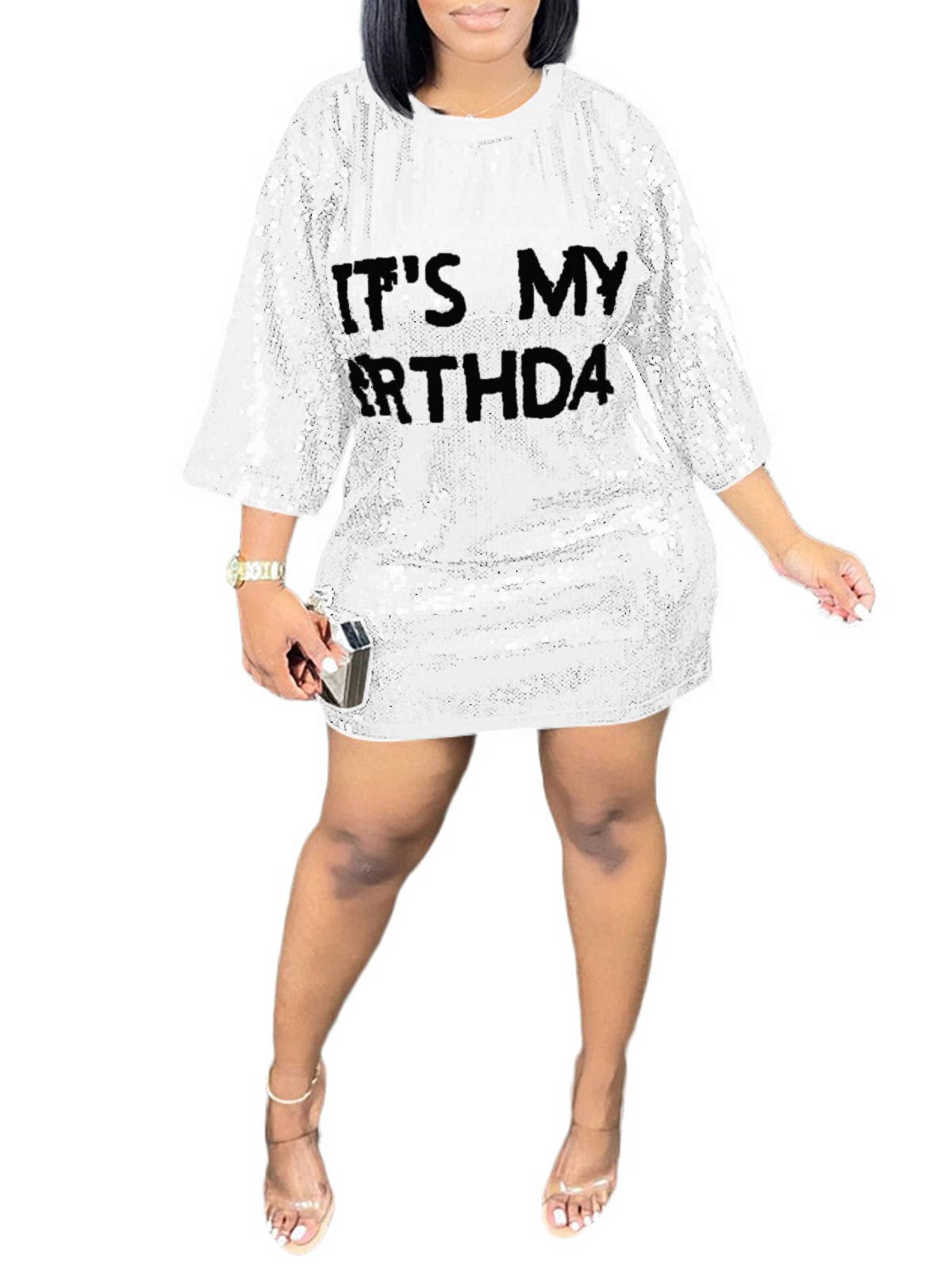 KIRJAUDU Women Sparkly Sequin Mini Dress Crewneck Bling Letter Print Half Sleeve Loose Mini Dress Clubwear