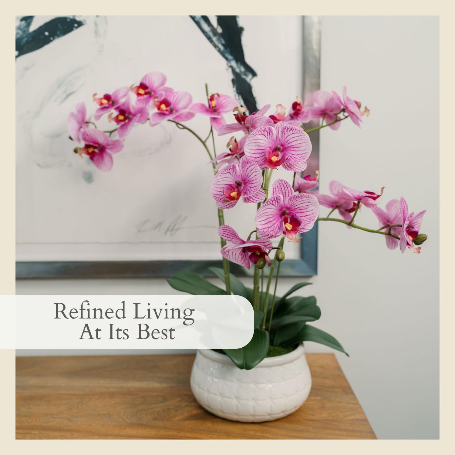 CG Hunter Faux Orange Orchid Plant, Premium Artificial Indoor Flower Display Stands 23”, Beautiful Sculptural Blooms That Lasts Forever, White Planter Pot Included