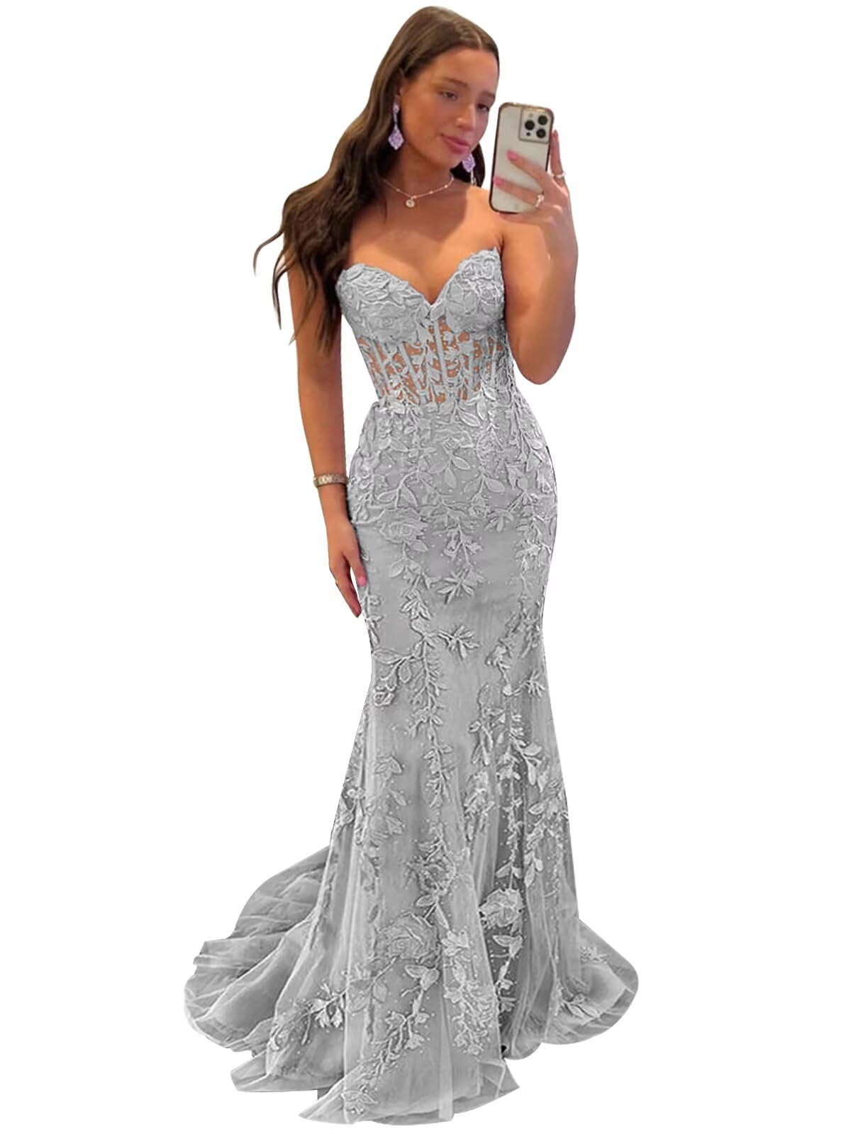 Tulle Lace Appliques Prom Dress 2025 Long Mermaid Strapless Ball Gown Evening Dresses for Women