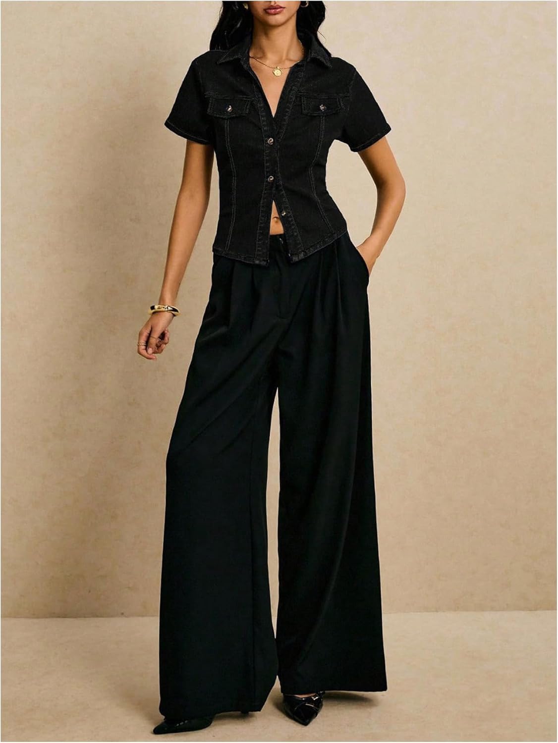 OYOANGLE Women's Short Sleeve Button Down Denim Jackets Collared Fitted Y2K Jean Shirt Tops - Image 3