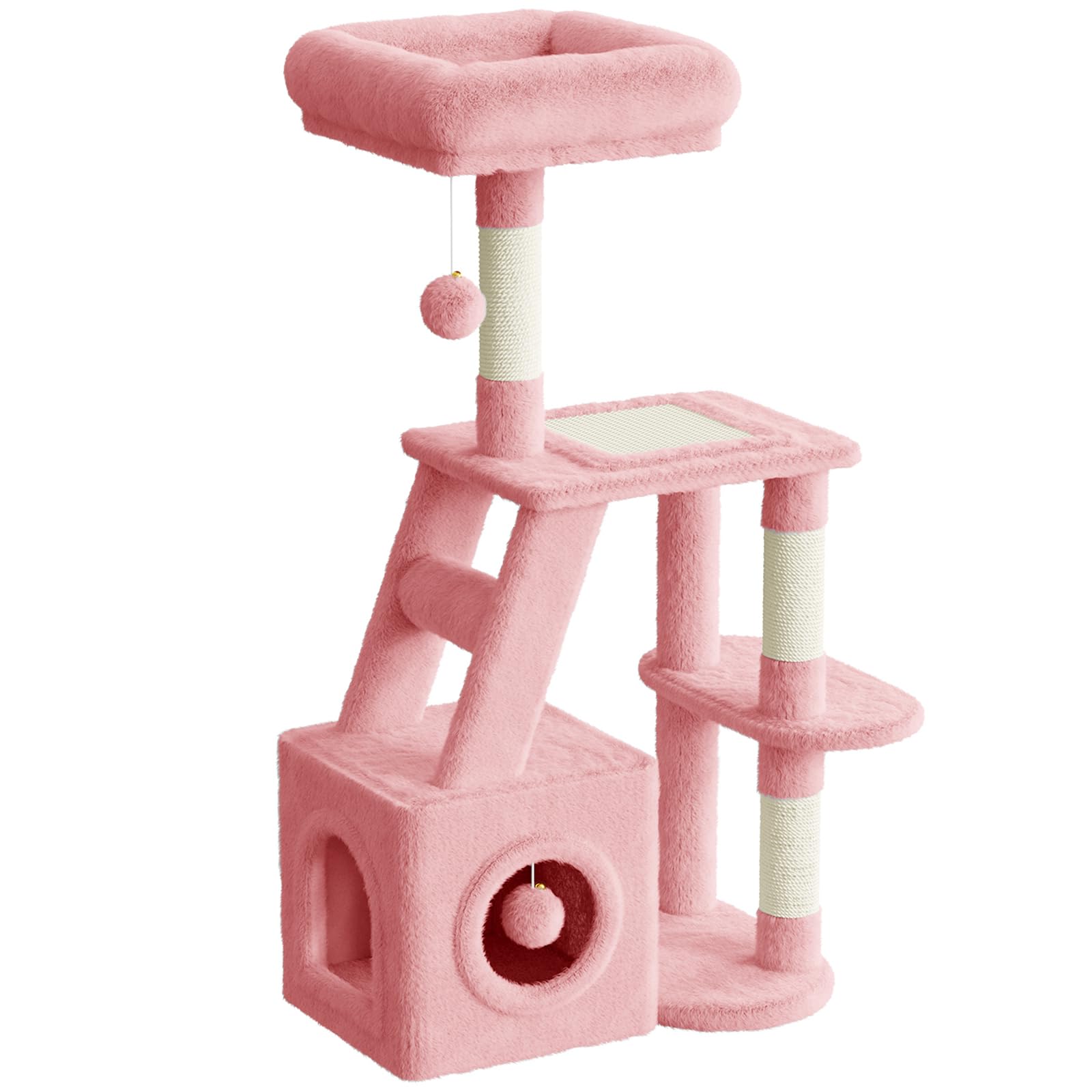 Dogat Cat Tree 107cm for Indoor Cats, Multi-Level Cat Tower with Scratching Post, Large Top Perches, Cozy Condo, Scratching Board & Dangling Ball (Pink)