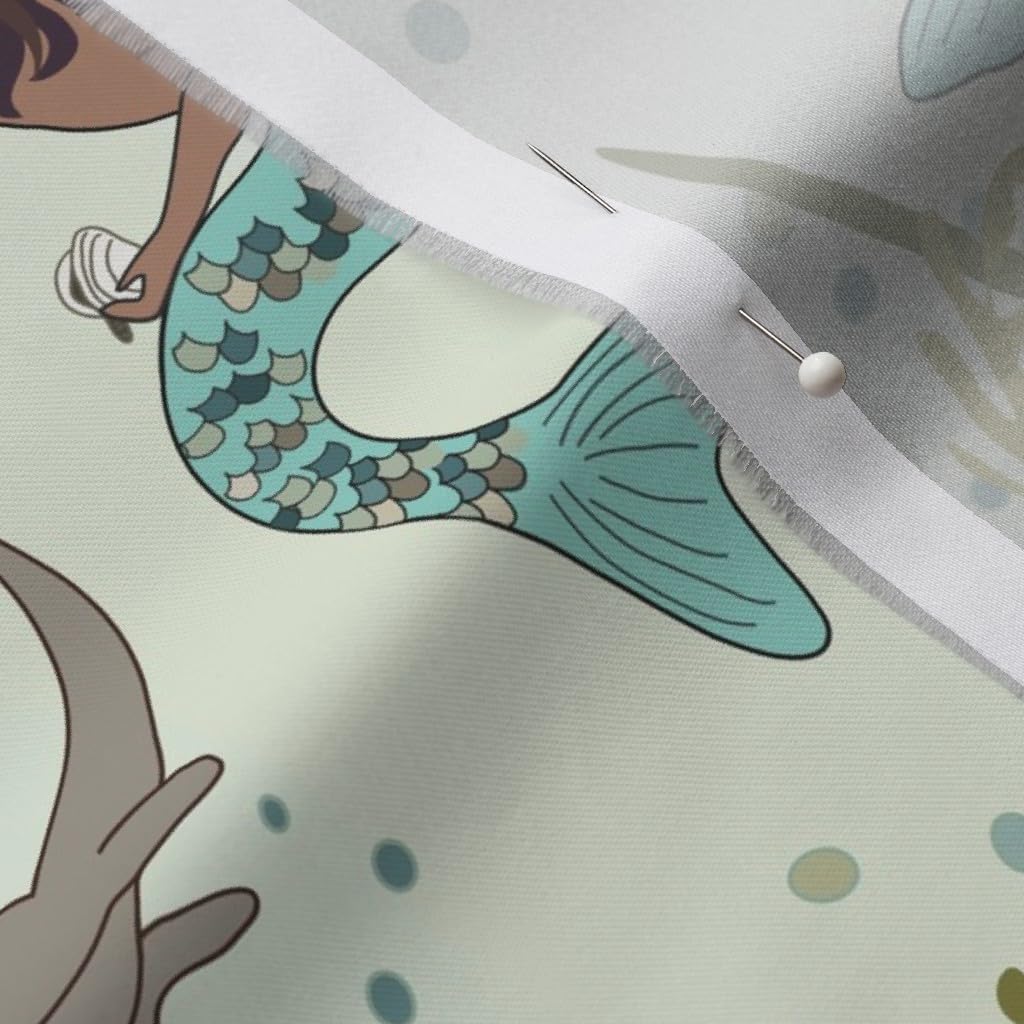 Spoonflower Fabric - Mermaids Otters Otter World Sea Undersea Fern Shower Turquoise Ocean Printed on Organic Cotton Sateen Fabric by The Yard - Sewing Quilting Apparel Home Decor
