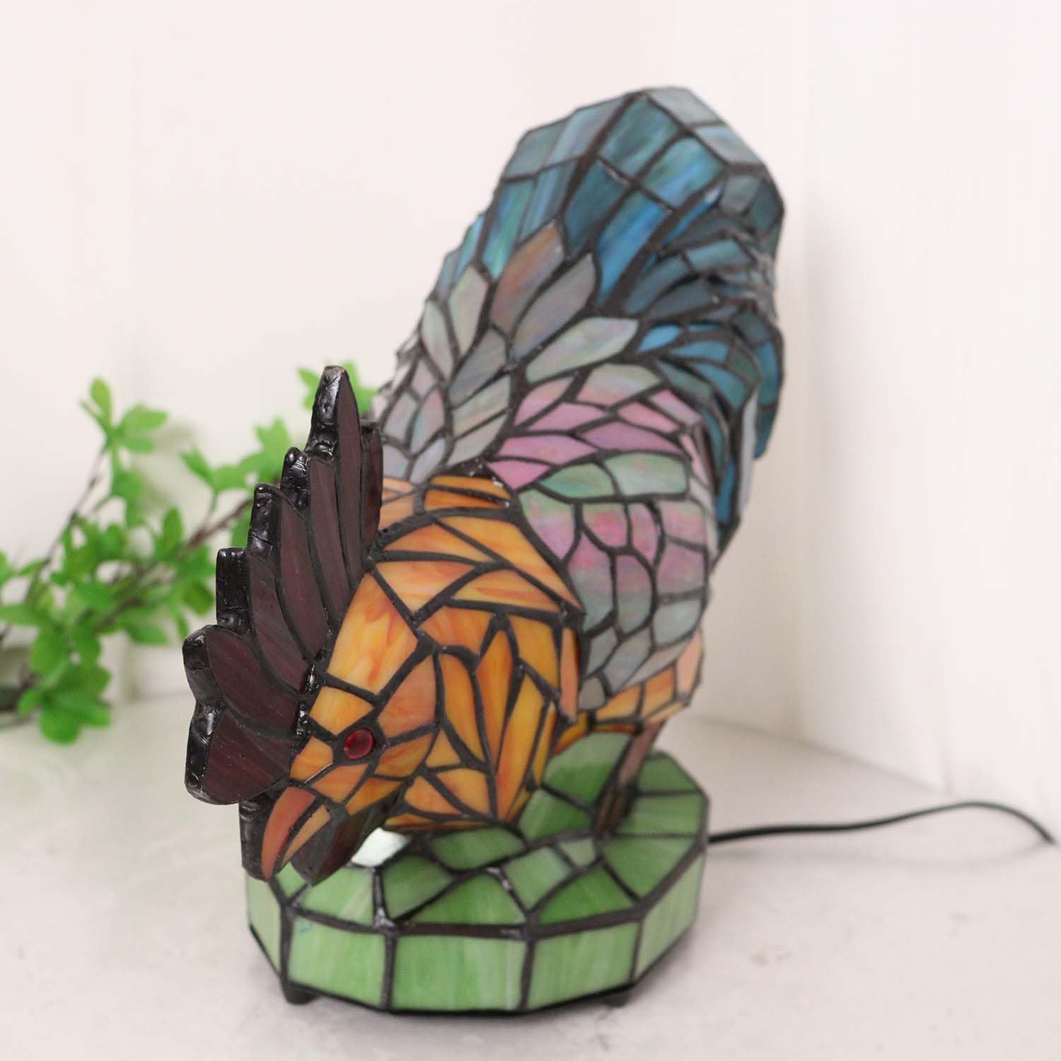 Bieye L12012 Colorful Rooster Tiffany Style Stained Glass Accent Table Lamp Night Light for Bedside Living Room Decoration (Multi-Colored, 5.75Dx13Wx12H)