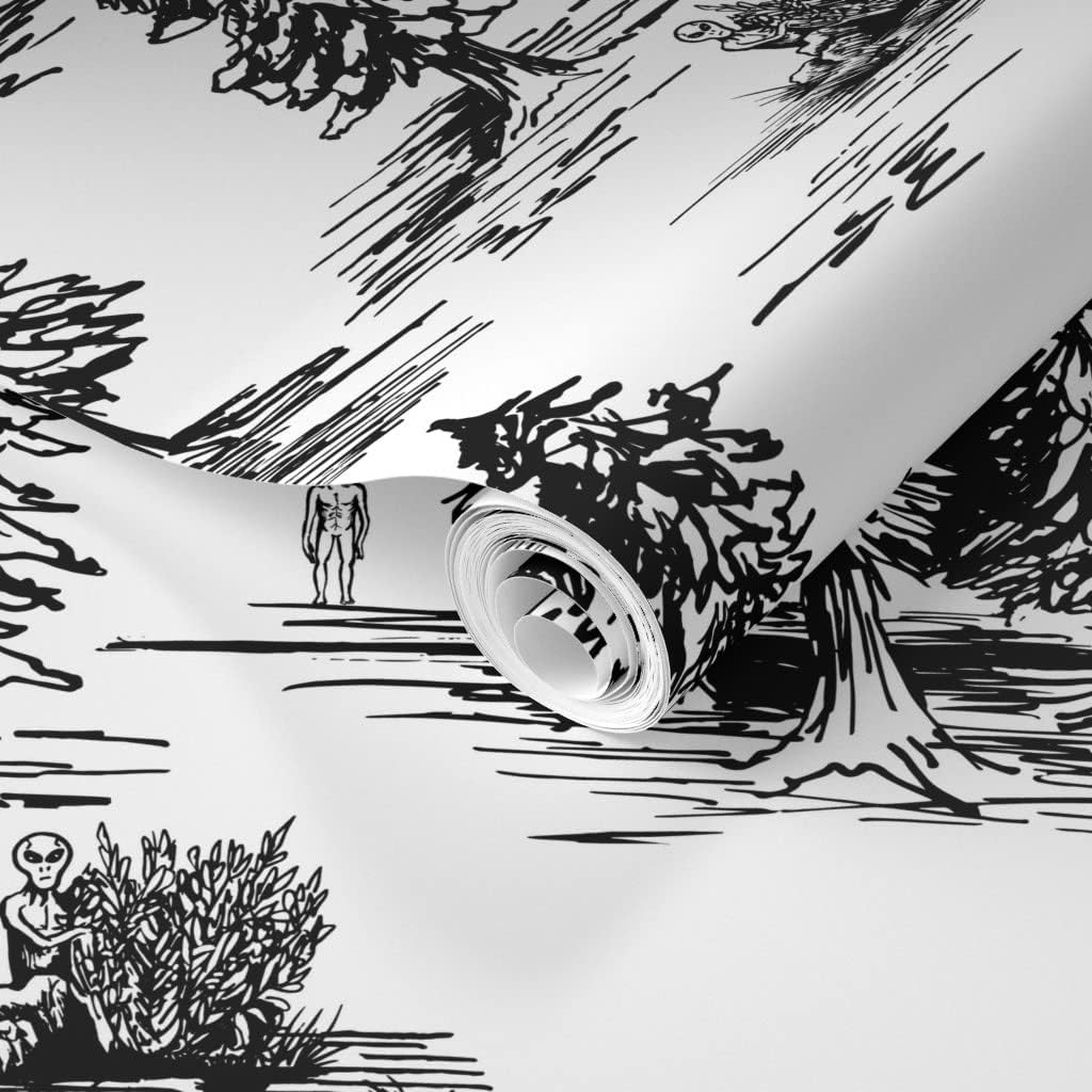 Spoonflower Removable Wallpaper 9ft x 2ft - UFO Whimsical Large Scale Black and White Space Alien Abduction Custom Pre-Pasted Wallpaper