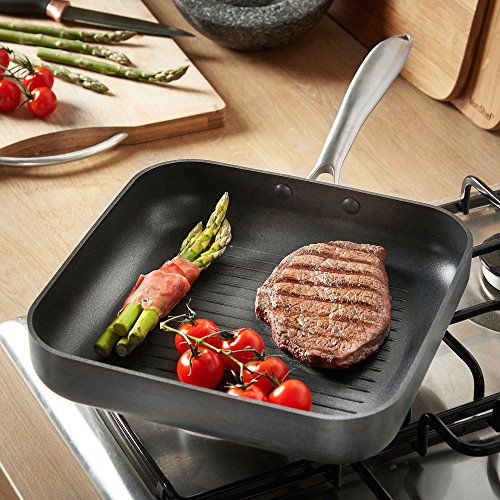 VonShef Aluminum Square Grill Fry Pan Premium Non-stick Hard Anodized Ridged Cookware, Induction Compatible, Safe for Stove and Oven- 10 Inch, Gray