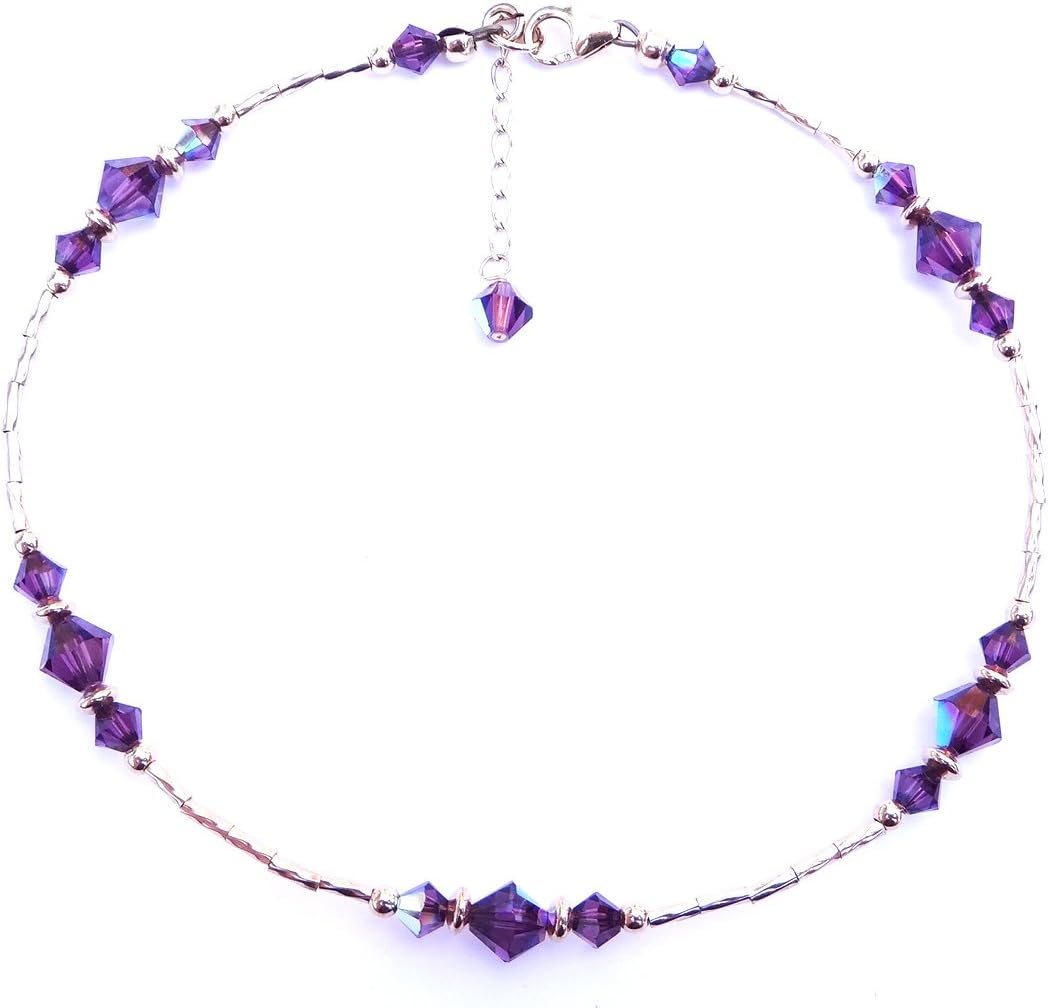 Amethyst Anklet, February Birthstone, Womans Gold Crystal Beaded Ankle Bracelets Sm to XL Plus Sizes