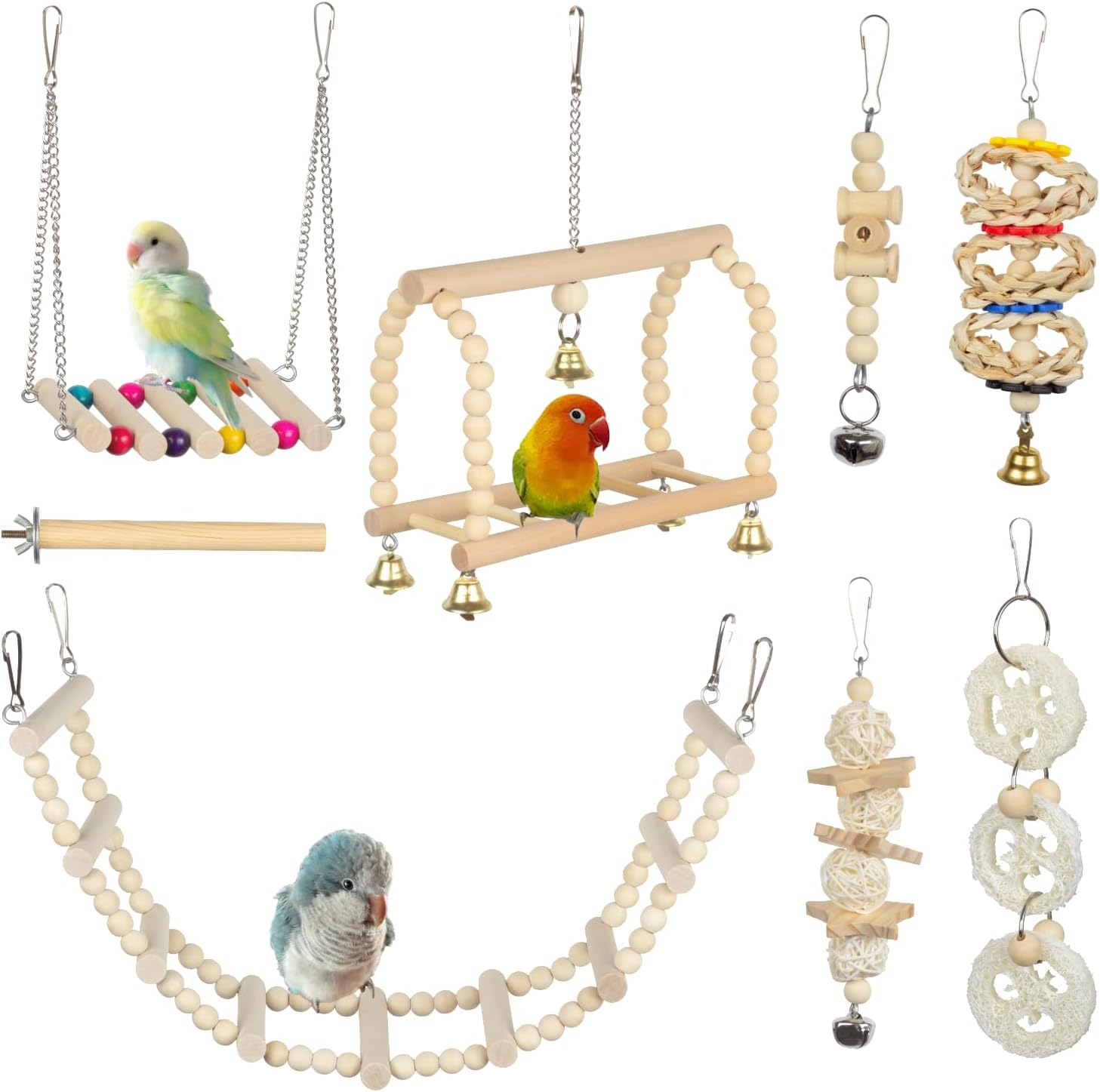 Parakeet Cage Accessories Kit - Natural Wood Swing Perch & Bird Toys for Cockatiel Conure Budgerigar Cages