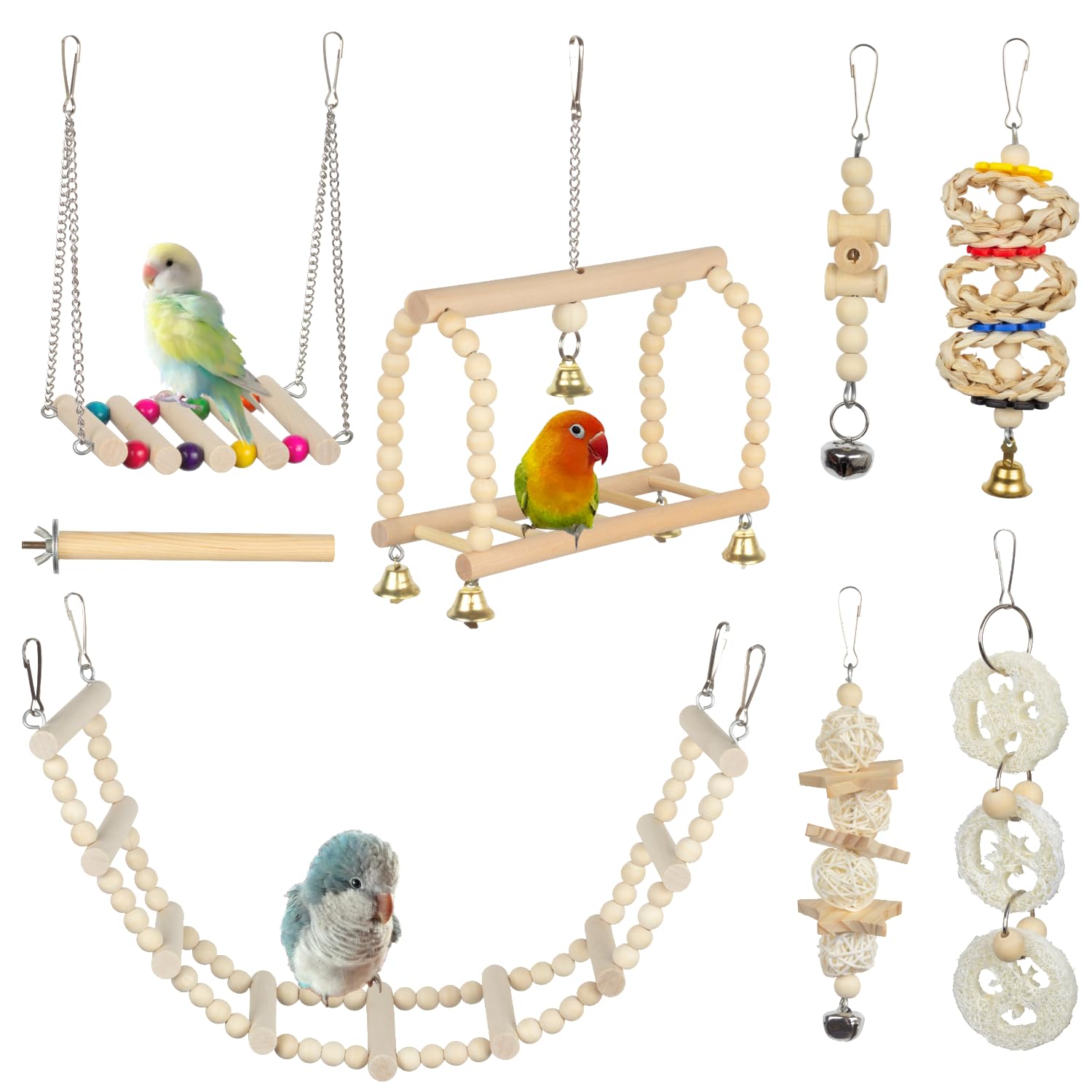 Parakeet Cage Accessories Kit - Natural Wood Bird Swing Perch & Chewing Toys for Cockatiel Conure Budgerigar Love Birds
