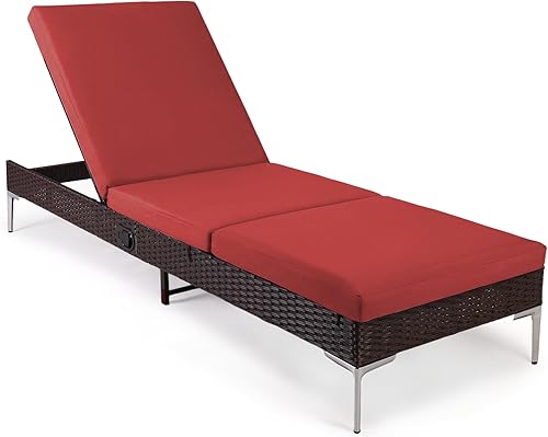 HOMREST Sillón de mimbre para exteriores con respaldo neumático ajustable, silla de ratán para piscina, para tomar el sol, adecuada para exteriores