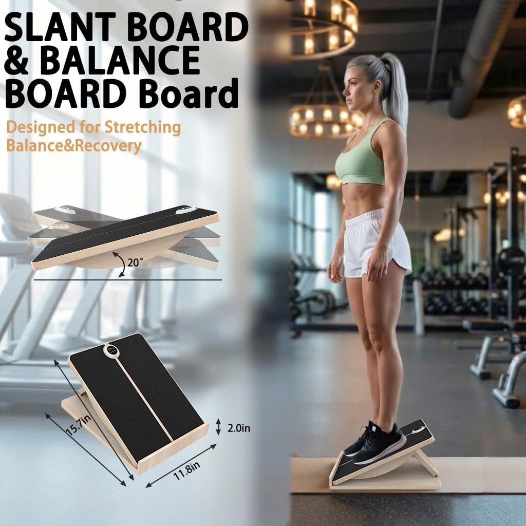 Slant Board for Exercise, 2-in-1 Balance Board & Calf Stretcher with Timer,Adjustable Wooden Squat Wedge with Anti-Slip Surface,Incline Board for Stretching & Blance Training