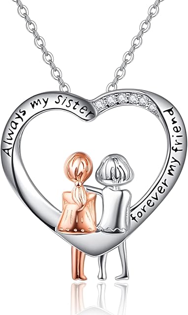 KINGWHYTE Sister Necklace Always My Sister Forever My Friend 925 Sterling Silver Heart Shape Friendship Necklace Sister gifts Birthday gifts for Best Friends Women Girls