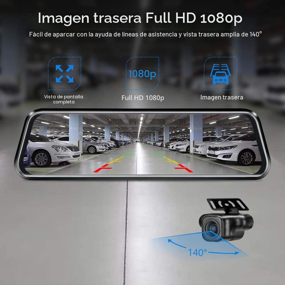 Cámara de salpicadero con espejo de 10 pulgadas, visión nocturna 1080P FHD, pantalla táctil completa, cámara de respaldo para coches, grabación en bucle, medios de transmisión, gran angular de 170°