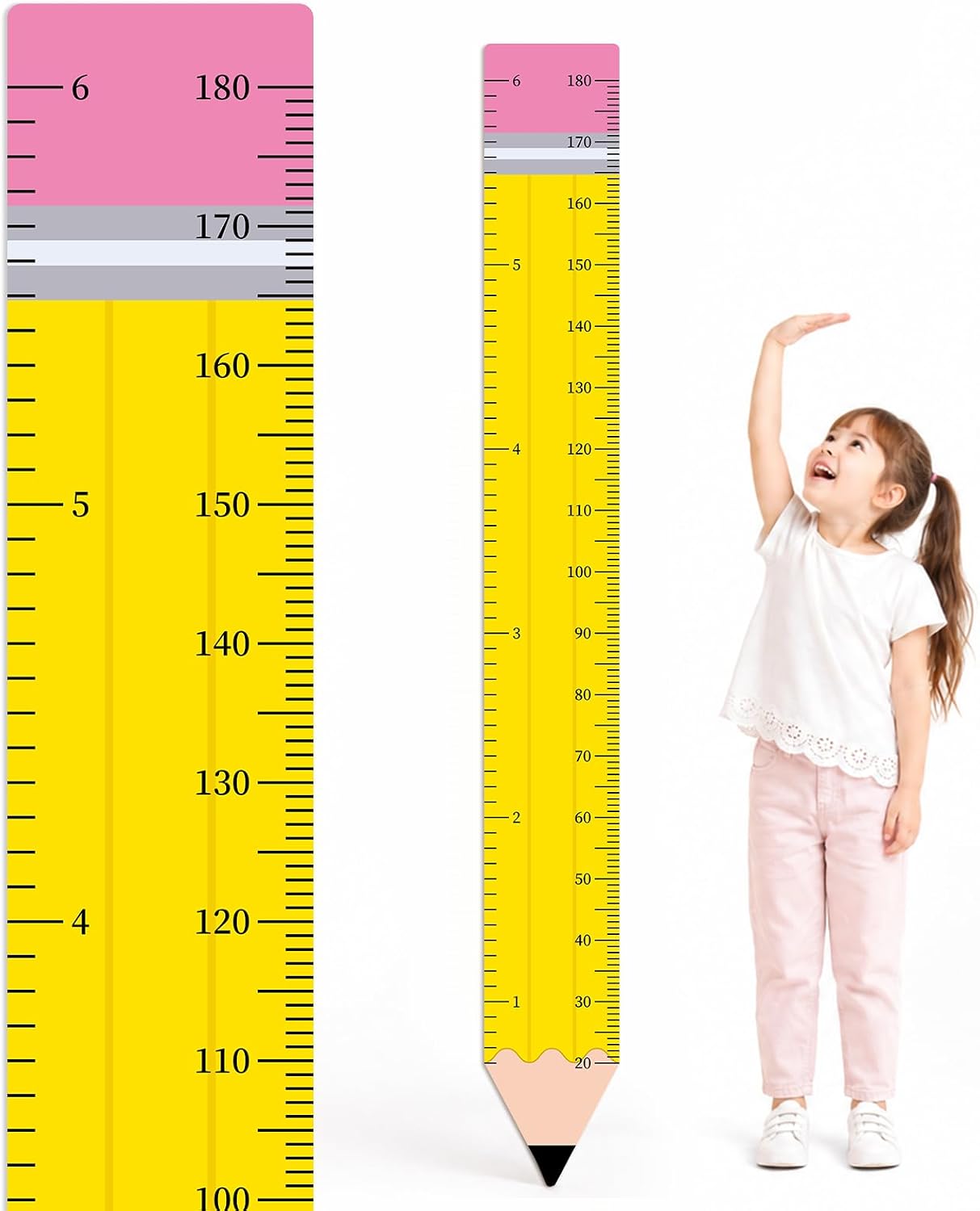 Back to School Height Growth Chart Sticker 73.2 x 8.7 inch Pencil Shaped Height Measurement Ruler Sticker Removable PVC Wall Decor for Classroom Bedroom Playroom Nursery Kindergarten Decor