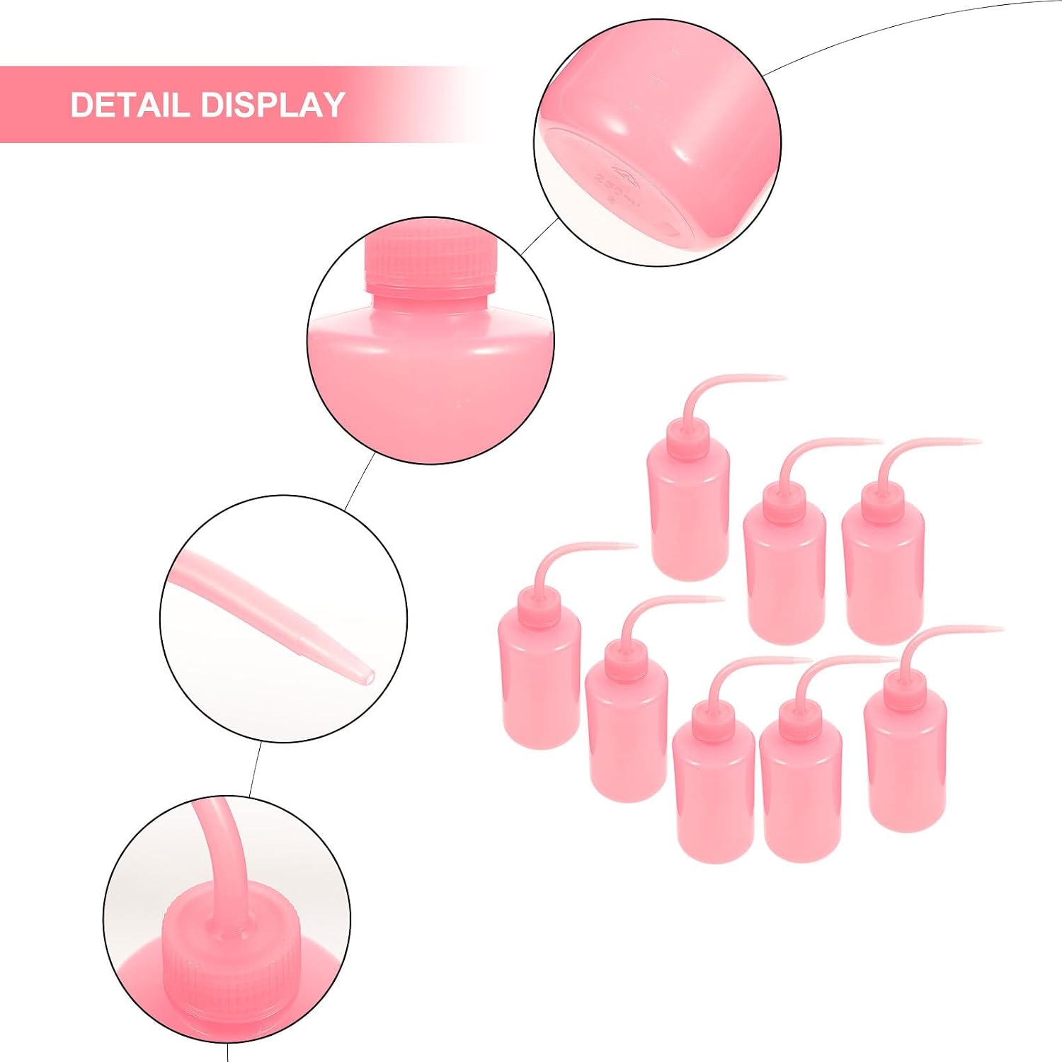 8pcs 250ml Pink Eyelashes Wash Bottles with Scale, Leak-proof Curved Tip Squeeze Bottles for Eyelash Extension Cleaning and Professional Beauty Use